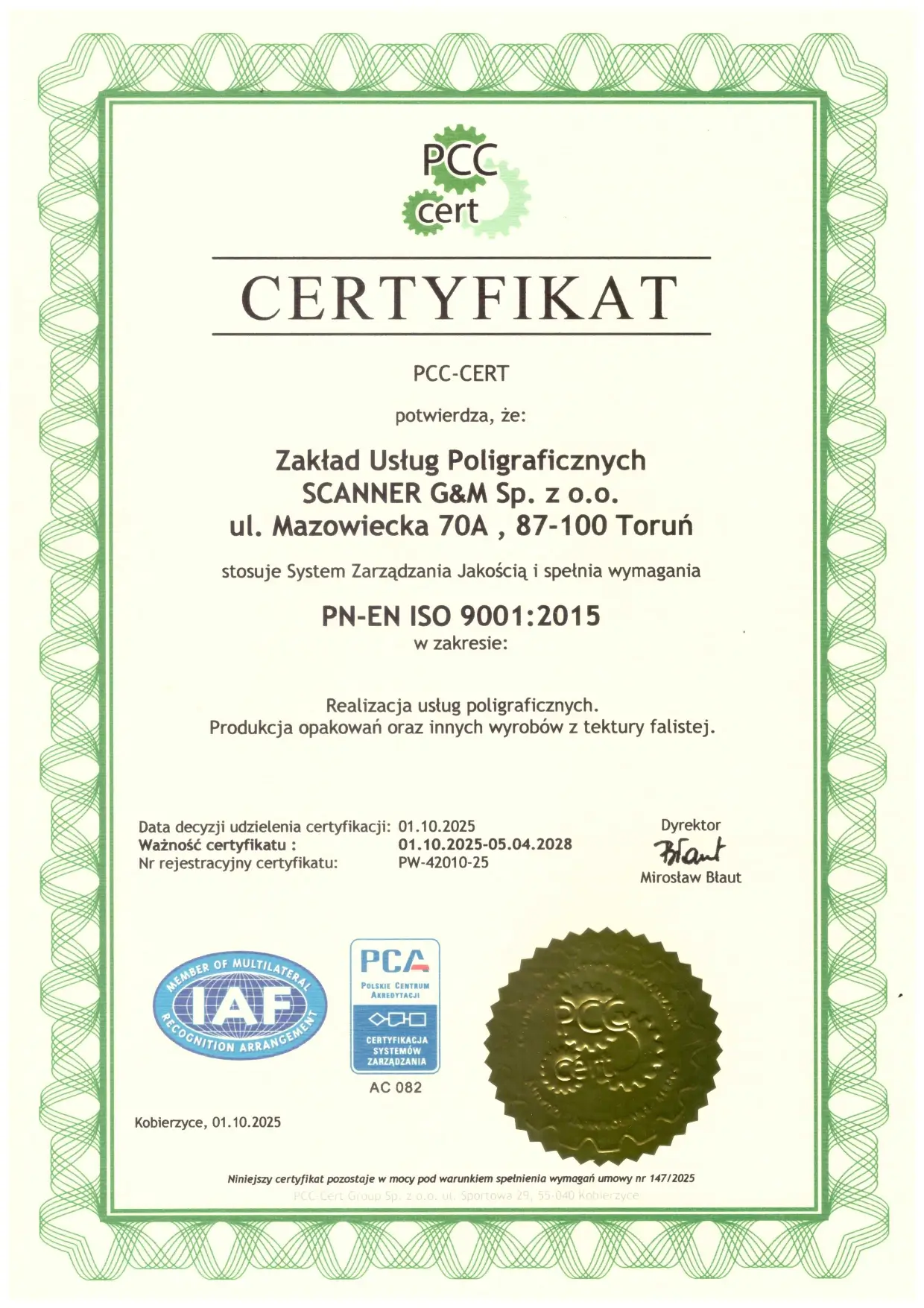 certyfikat ISO ScannerG&M